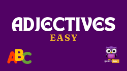 An image designed for English Grammar learning and quizzing focusing on adjectives. The image features a colorful layout with sections labeled for different types of adjectives: descriptive adjectives, quantitative adjectives, demonstrative adjectives, possessive adjectives, and interrogative adjectives. Each section includes examples and definitions, with visuals to illustrate each adjective type. There's a quiz section at the bottom with multiple-choice questions and fill-in-the-blank exercises to test knowledge. The design is engaging, with clear fonts and vibrant colors to attract learners' attention.