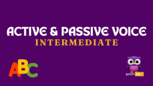 An image designed for English Grammar learning and quizzing focusing on active and passive voices. The image features a colorful layout with sections explaining the difference between active and passive voice. Each section includes definitions, examples, and sentence structure comparisons, with visuals to illustrate each voice type. There's a quiz section at the bottom with multiple-choice questions and fill-in-the-blank exercises to test knowledge. The design is engaging, with clear fonts and vibrant colors to attract learners' attention.