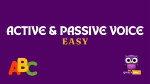 An image designed for English Grammar learning and quizzing focusing on active and passive voices. The image features a colorful layout with sections explaining the difference between active and passive voice. Each section includes definitions, examples, and sentence structure comparisons, with visuals to illustrate each voice type. There's a quiz section at the bottom with multiple-choice questions and fill-in-the-blank exercises to test knowledge. The design is engaging, with clear fonts and vibrant colors to attract learners' attention.