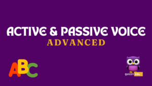 An image designed for English Grammar learning and quizzing focusing on active and passive voices. The image features a colorful layout with sections explaining the difference between active and passive voice. Each section includes definitions, examples, and sentence structure comparisons, with visuals to illustrate each voice type. There's a quiz section at the bottom with multiple-choice questions and fill-in-the-blank exercises to test knowledge. The design is engaging, with clear fonts and vibrant colors to attract learners' attention.