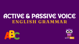 An image designed for English Grammar learning and quizzing focusing on active and passive voices. The image features a colorful layout with sections explaining the difference between active and passive voice. Each section includes definitions, examples, and sentence structure comparisons, with visuals to illustrate each voice type. There's a quiz section at the bottom with multiple-choice questions and fill-in-the-blank exercises to test knowledge. The design is engaging, with clear fonts and vibrant colors to attract learners' attention.