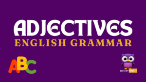 An image designed for English Grammar learning and quizzing focusing on adjectives. The image features a colorful layout with sections labeled for different types of adjectives: descriptive adjectives, quantitative adjectives, demonstrative adjectives, possessive adjectives, and interrogative adjectives. Each section includes examples and definitions, with visuals to illustrate each adjective type. There's a quiz section at the bottom with multiple-choice questions and fill-in-the-blank exercises to test knowledge. The design is engaging, with clear fonts and vibrant colors to attract learners' attention.