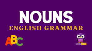 An image designed for English Grammar learning and quizzing focusing on nouns. The image features a clean, colorful layout with various sections labeled for different types of nouns: proper nouns, common nouns, abstract nouns, concrete nouns, collective nouns, and compound nouns. Each section includes examples and definitions, with visuals like icons or pictures to illustrate each noun type. There's a quiz section at the bottom with multiple-choice questions and fill-in-the-blank exercises to test knowledge. The design is engaging, with clear fonts and a mix of vibrant colors to attract learners' attention.