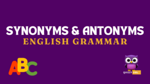 An image designed for English Grammar learning and quizzing focusing on synonyms and antonyms. The image features a colorful layout with sections explaining the difference between synonyms and antonyms. Each section includes definitions, examples, and lists of common synonyms and antonyms, with visuals to illustrate the concepts. There's a quiz section at the bottom with multiple-choice questions and fill-in-the-blank exercises to test knowledge. The design is engaging, with clear fonts and vibrant colors to attract learners' attention.