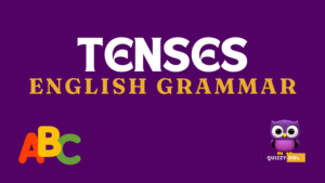 An image designed for English Grammar learning and quizzing focusing on tenses. The image features a colorful layout with sections labeled for different types of tenses: present tense, past tense, and future tense, each further divided into simple, continuous, perfect, and perfect continuous forms. Each section includes examples and definitions, with visuals to illustrate each tense type. There's a quiz section at the bottom with multiple-choice questions and fill-in-the-blank exercises to test knowledge. The design is engaging, with clear fonts and vibrant colors to attract learners' attention.