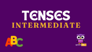 An image designed for English Grammar learning and quizzing focusing on tenses. The image features a colorful layout with sections labeled for different types of tenses: present tense, past tense, and future tense, each further divided into simple, continuous, perfect, and perfect continuous forms. Each section includes examples and definitions, with visuals to illustrate each tense type. There's a quiz section at the bottom with multiple-choice questions and fill-in-the-blank exercises to test knowledge. The design is engaging, with clear fonts and vibrant colors to attract learners' attention.