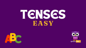 An image designed for English Grammar learning and quizzing focusing on tenses. The image features a colorful layout with sections labeled for different types of tenses: present tense, past tense, and future tense, each further divided into simple, continuous, perfect, and perfect continuous forms. Each section includes examples and definitions, with visuals to illustrate each tense type. There's a quiz section at the bottom with multiple-choice questions and fill-in-the-blank exercises to test knowledge. The design is engaging, with clear fonts and vibrant colors to attract learners' attention.