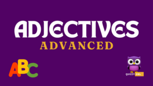 An image designed for English Grammar learning and quizzing focusing on adjectives. The image features a colorful layout with sections labeled for different types of adjectives: descriptive adjectives, quantitative adjectives, demonstrative adjectives, possessive adjectives, and interrogative adjectives. Each section includes examples and definitions, with visuals to illustrate each adjective type. There's a quiz section at the bottom with multiple-choice questions and fill-in-the-blank exercises to test knowledge. The design is engaging, with clear fonts and vibrant colors to attract learners' attention.